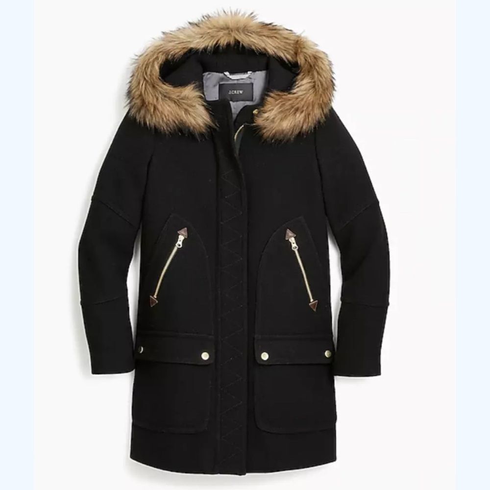 J.Crew Chateau Parka Italian Stadium Cloth Wool Blend Coat in Black Size 0